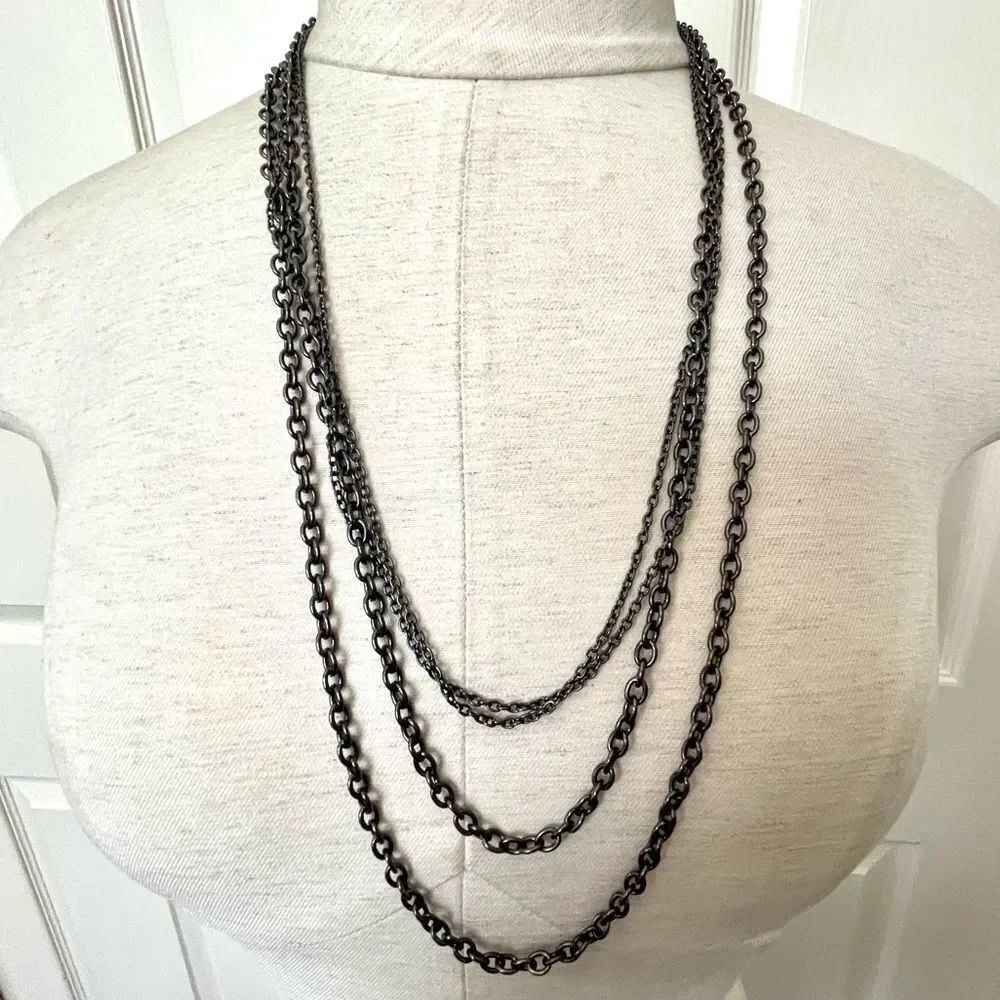 Long dark grey multi chain necklace